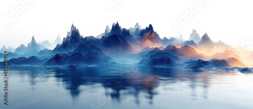 Serene Abstract Mountain Landscape: Tranquil Blue Mountains and Calm Water Reflection in Cool Tones photo