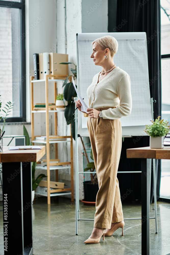 A middle-aged businesswoman with short hair stands in front of a whiteboard, brainstorming and strategizing for her work in a modern office. A middle-aged businesswoman with short hair stands in front of a whiteboard, brainstorming and strategizing for her work in a modern office.