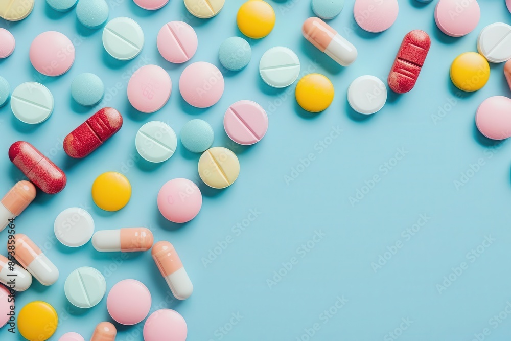 colorful pharmaceutical pills on blue background colorful pharmaceutical pills on blue background