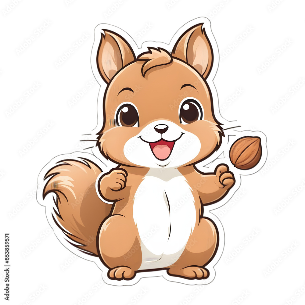 Excited Baby Squirrel with Nut, kawaii style, contour Excited Baby Squirrel with Nut, kawaii style, contour