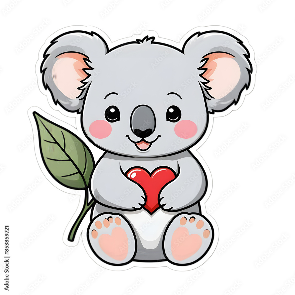 Smiling Baby Koala with Heart-shaped Leaf, kawaii style Smiling Baby Koala with Heart-shaped Leaf, kawaii style