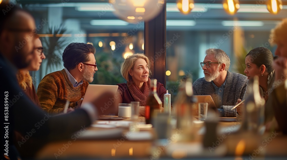 Professionals in discussion at modern office, focus on teamwork and strategy. Professionals in discussion at modern office, focus on teamwork and strategy.
