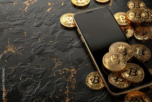 Cellphone amidst bitcoins photo