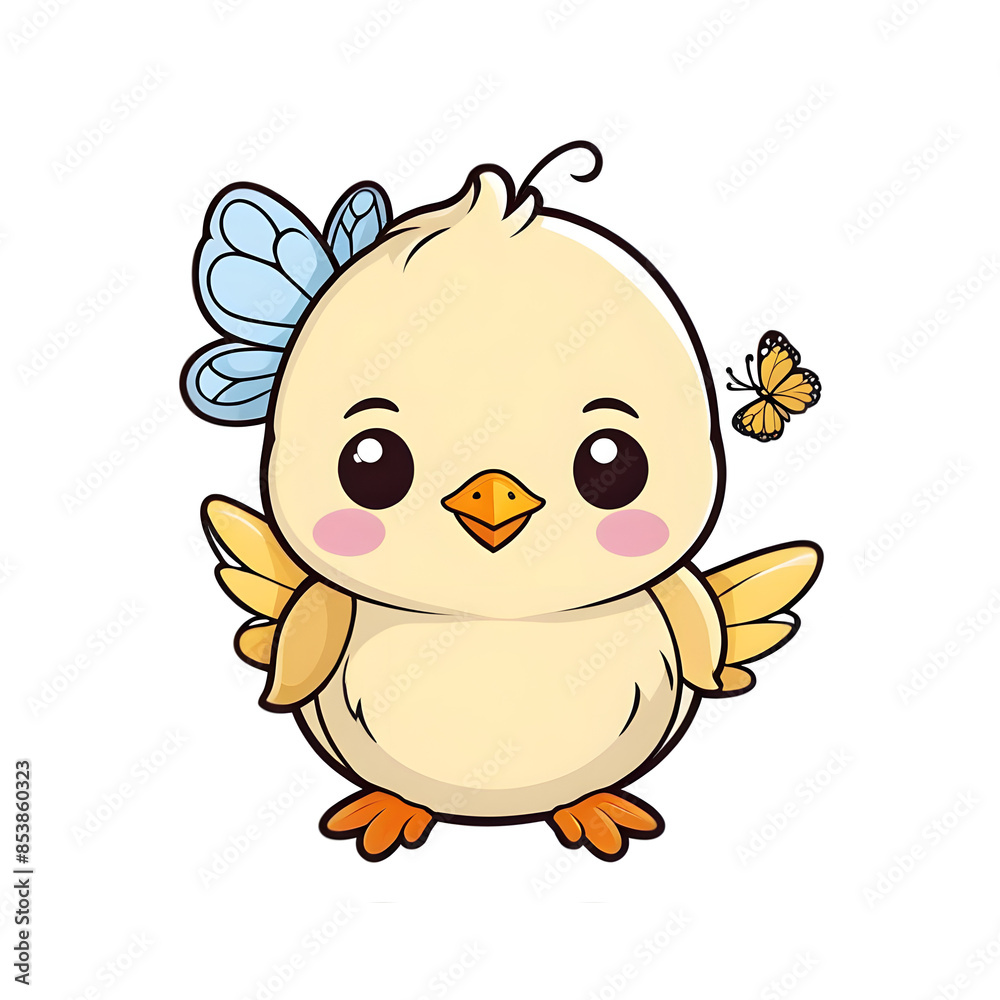 Cute Baby Chick with Butterfly, kawaii style