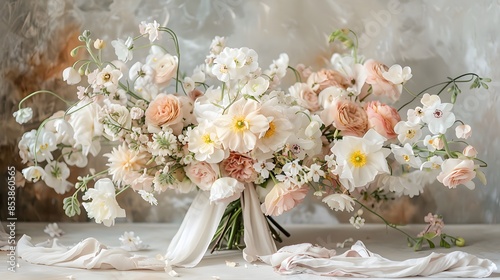 A beautiful bouquet of flowers in shades of blush and cream, tied with delicate white ribbon, set against an offwhite background.
