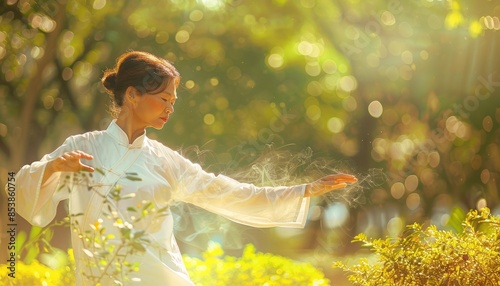 A woman is peacefully practicing Tai Chi in a calm forest setting, radiating tranquility and harmony with nature AIG58 photo