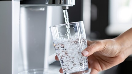 Close-up hand of Woman taking fresh water from dispenser machine poured from water cooler into the glass, Drinking water machine.