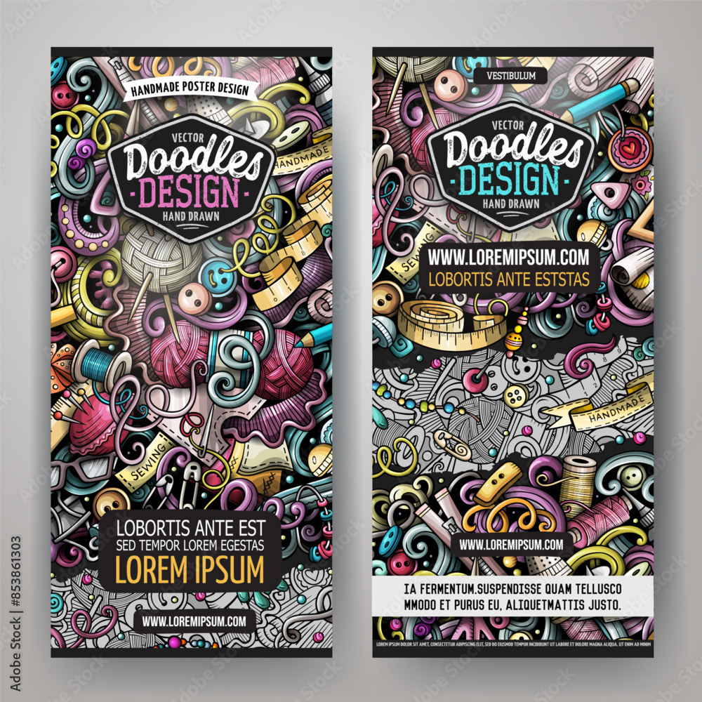 Cartoon vector doodle set of Handmade banners templates. Corporate identity for the use on invitations, cards, apps, branding, flyers, greeting cards, postcards, web design. Funny colorful illustratio Cartoon vector doodle set of Handmade banners templates. Corporate identity for the use on invitations, cards, apps, branding, flyers, greeting cards, postcards, web design. Funny colorful illustratio