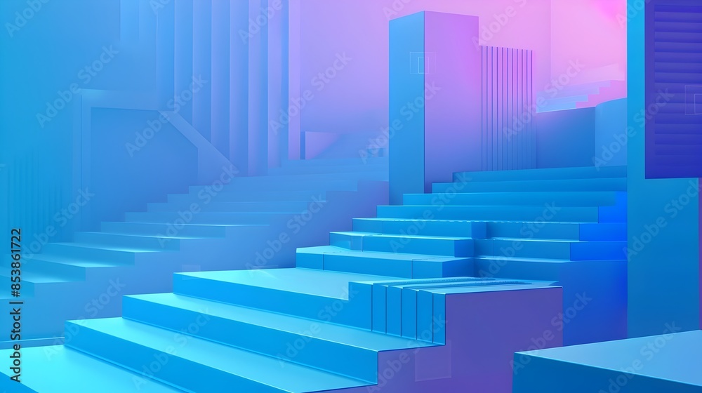 Futuristic Geometric Staircase in Minimalist Blue and Purple Gradient Hallway Futuristic Geometric Staircase in Minimalist Blue and Purple Gradient Hallway