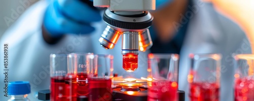 Lab technician analyzing red vital fluid samples under a microscope