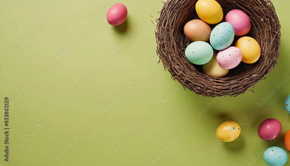 Easter eggs in various colors are arranged in a birds nest on a green background. Some eggs are scattered around the nest