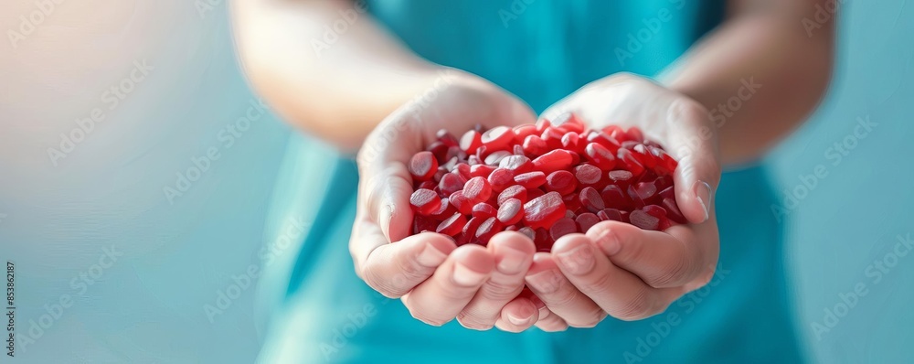 Person with anemia holding a red vital fluid cell model, emphasizing the importance of education and awareness Person with anemia holding a red vital fluid cell model, emphasizing the importance of education and awareness
