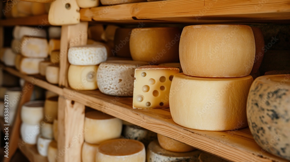 Fototapeta premium shelves with various types of cheese, cheese production