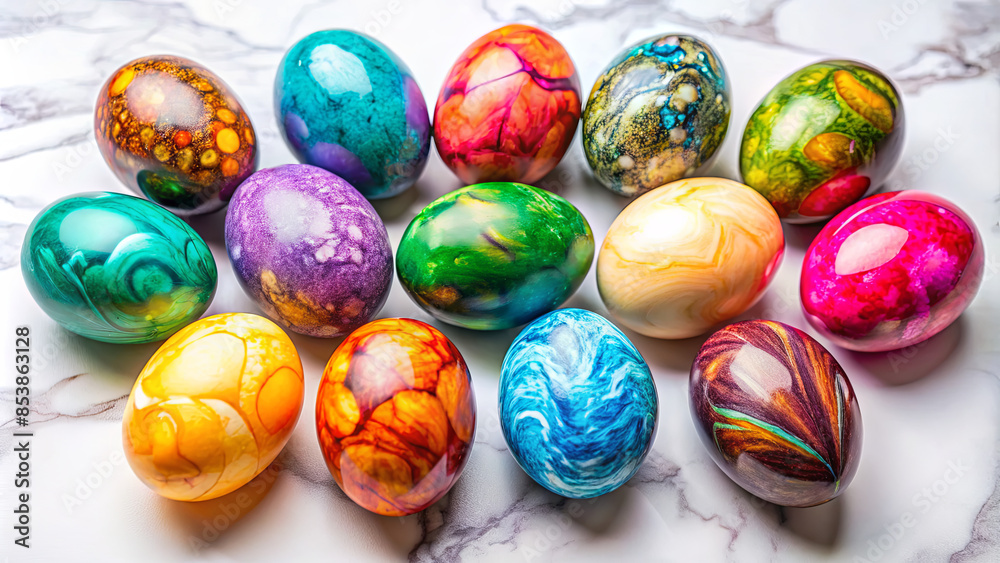 A collection of brightly colored marbled Easter eggs on a white marble surface