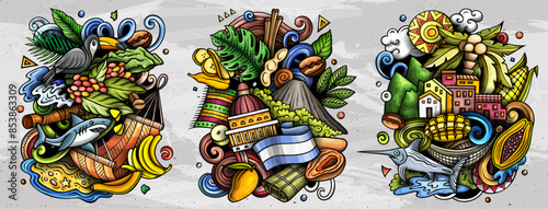 Nicaragua cartoon vector doodle designs set. Colorful detailed compositions with lot of Nicaraguan objects and symbols. Isolated on white illustrations
