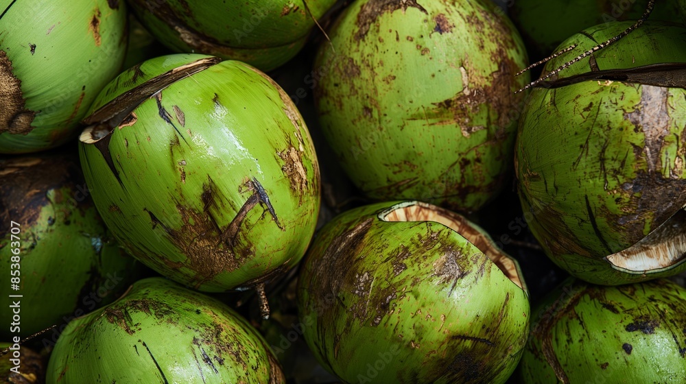 Coconut with palm leaves background, green coconut shells Coconut with palm leaves background, green coconut shells