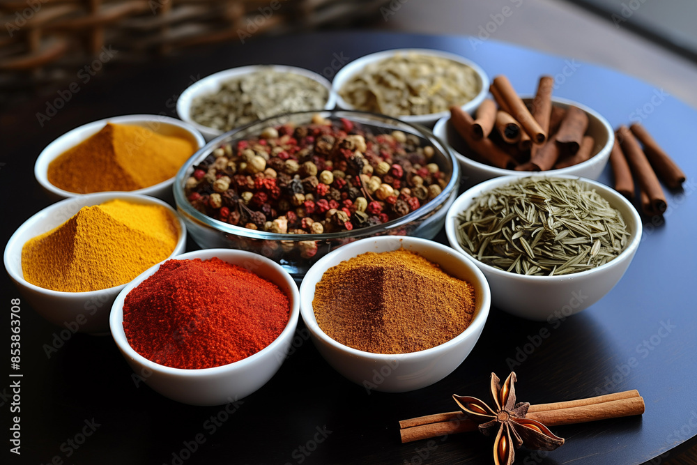 Varieties of colorful spices on tray. Generative AI Varieties of colorful spices on tray. Generative AI