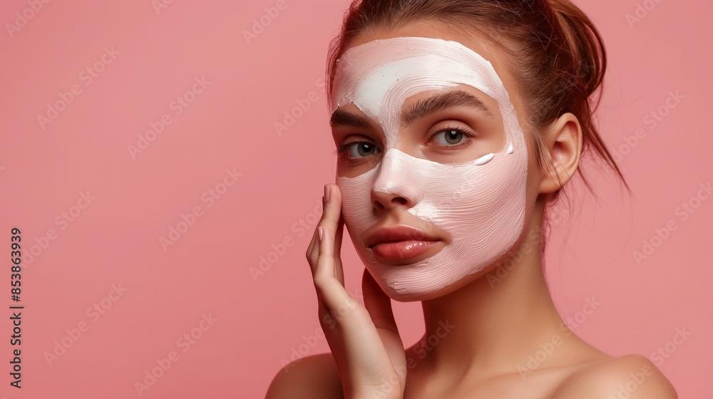Young woman applying face cream or facial mask at her face. Beauty model with perfect fresh skin. Spa and Wellness