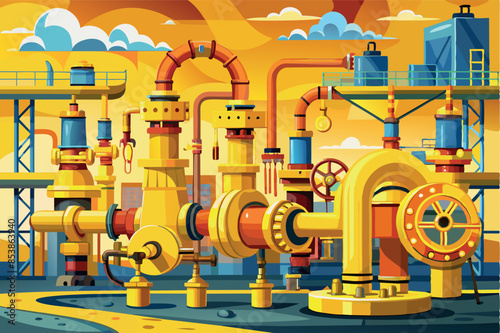 an industrial setting with a network of pipes and valves. The atmosphere is dynamic and lively, with a variety of yellow and green pipes connected by red valves and blue gauges.
