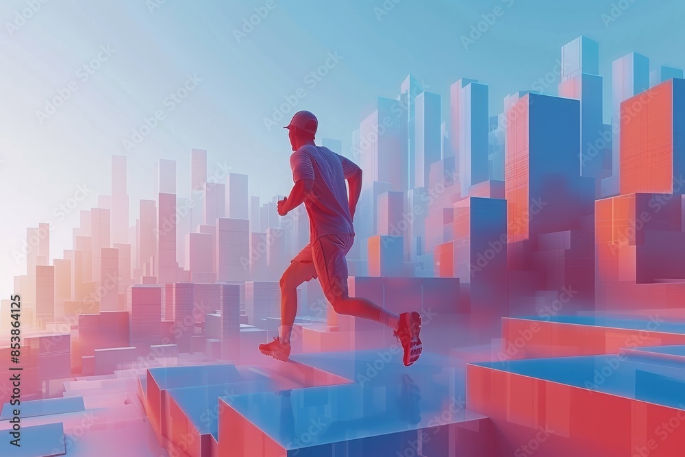 Man running on futuristic cityscape with geometric structures in vivid colors, Concept of modern urban lifestyle, fitness, and dynamic movement Man running on futuristic cityscape with geometric structures in vivid colors, Concept of modern urban lifestyle, fitness, and dynamic movement