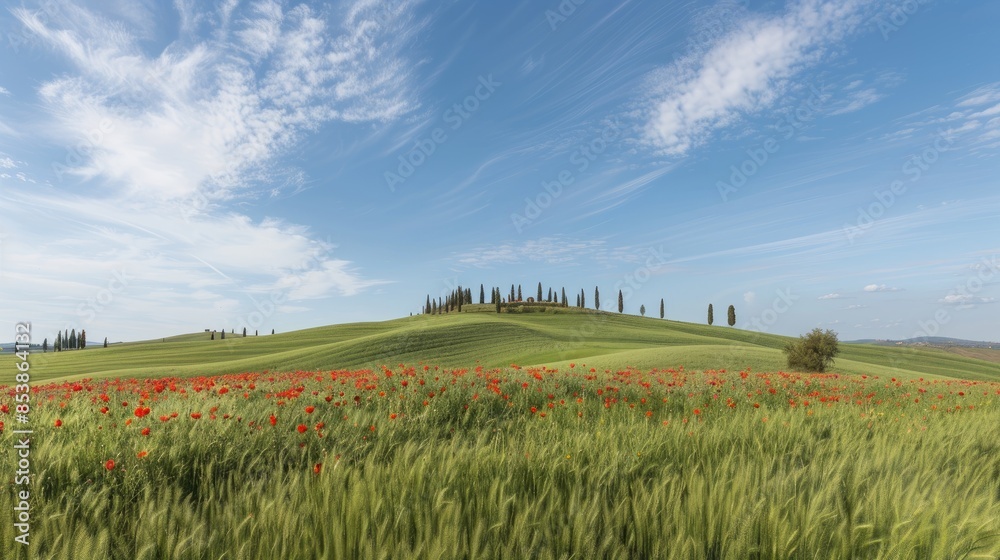 a beautiful summer landscape featuring green hills with poppies and cypress trees, under a blue sky with clouds.