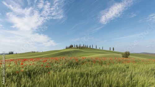 Obraz na płótnie a beautiful summer landscape featuring green hills with poppies and cypress trees, under a blue sky with clouds. w salonie