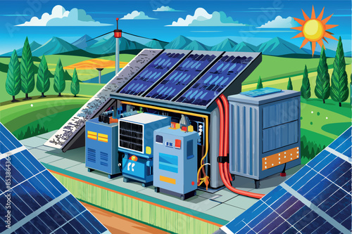 of a solar energy system. It shows a solar panel connected to an inverter or control unit via various cables.