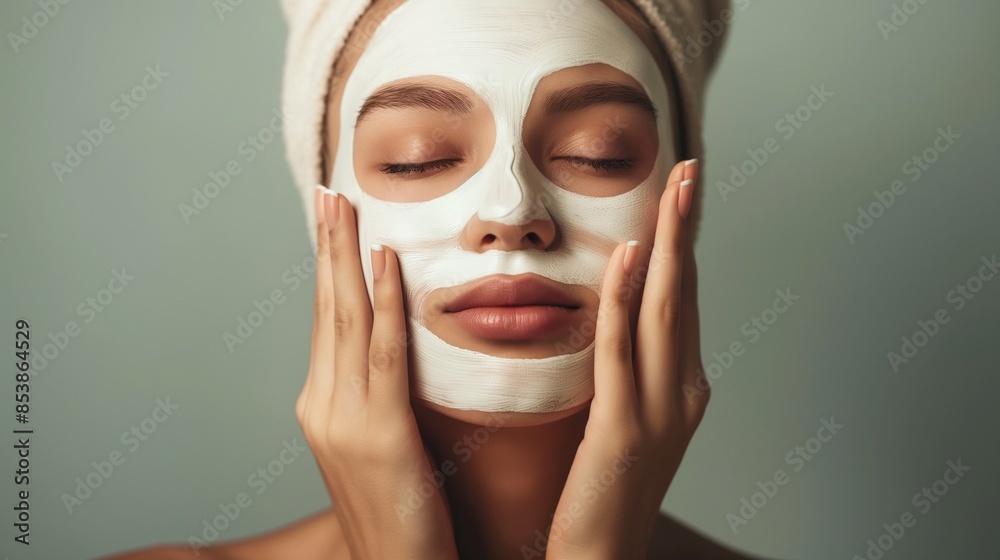 Young woman applying face cream or facial mask at her face. Beauty model with perfect fresh skin. Spa and Wellness Young woman applying face cream or facial mask at her face. Beauty model with perfect fresh skin. Spa and Wellness