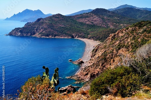 Picture top view of the Bussaglia beach, one of the best on the west coast of Corsica. A beautiful top view of the Gulf of Porto photo