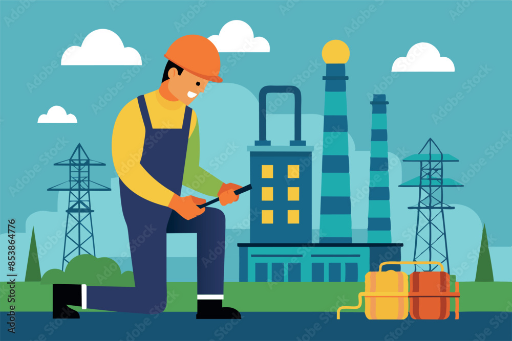 a helmeted worker crouched next to a machine. Industrial buildings can be seen in the background. The atmosphere conveys the liveliness and productivity of an industrial environment. a helmeted worker crouched next to a machine. Industrial buildings can be seen in the background. The atmosphere conveys the liveliness and productivity of an industrial environment.