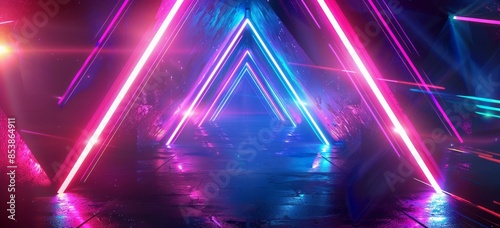 Vibrant neon lights forming an isosceles triangle on dark background, creating futuristic and dynamic visual effects