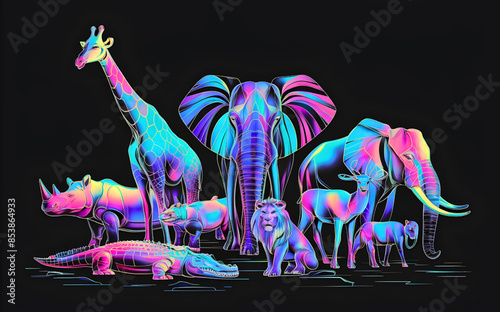 Vibrant vector illustration of African wildlife in neon colors on a dark background, featuring elephants, giraffes, lions, rhinos, and more, showcasing minimalist line art and glowing effects.