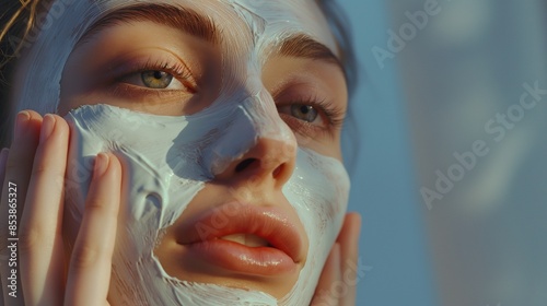 Young woman applying face cream or facial mask at her face. Beauty model with perfect fresh skin. Spa and Wellness