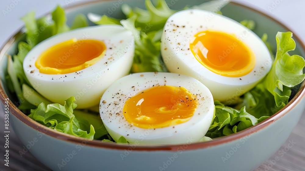 Delicious bowl of soft-boiled eggs with runny yolks served on a fresh bed of green lettuce, sprinkled with seasoning.