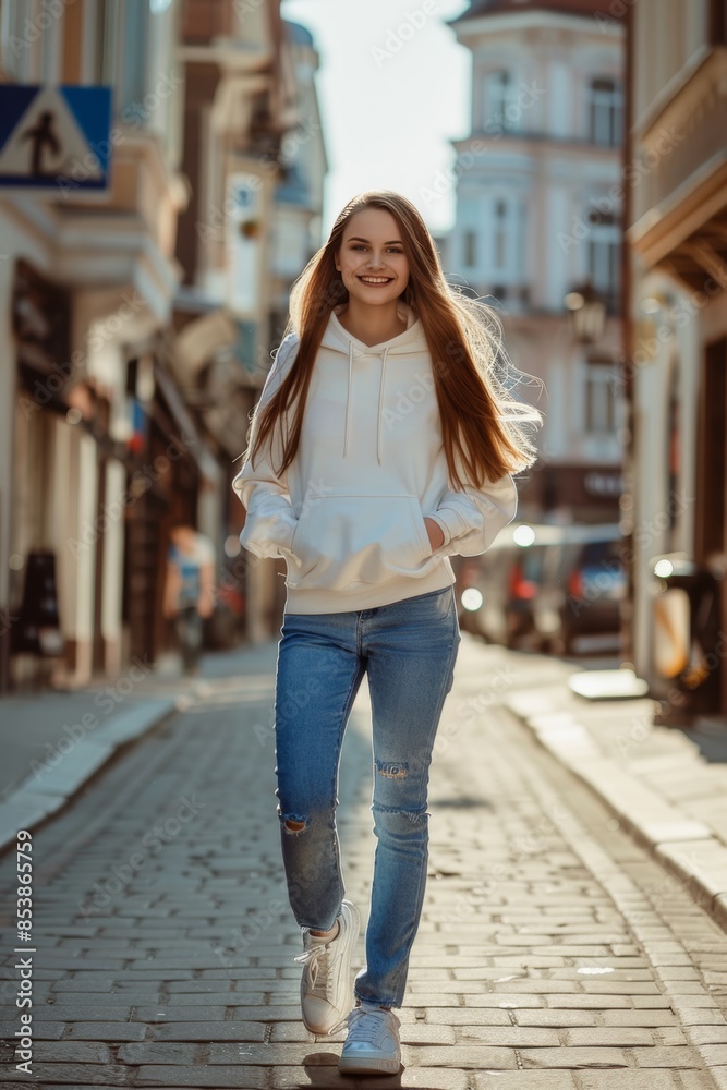 A full-body photo of a smiling Western white slightly overweight girl, with brown hair and black eyes, walking on a sunny street A full-body photo of a smiling Western white slightly overweight girl, with brown hair and black eyes, walking on a sunny street