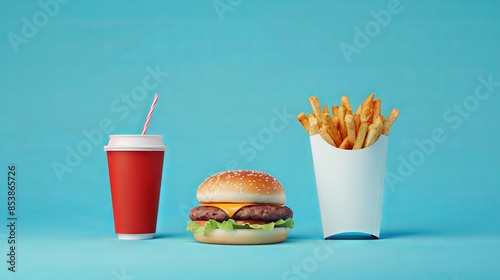 Fast food combo with a delicious burger, crispy fries, and a refreshing drink against a vibrant blue background.