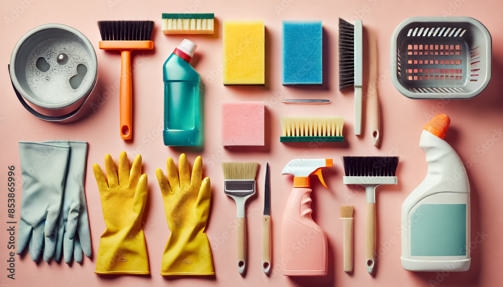 Flat Lay of Cleaning Essentials on a Light Pink Background Flat Lay of Cleaning Essentials on a Light Pink Background