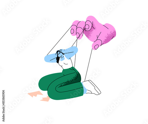 Unhappy woman suffers from manipulation. Hidden hand controls marionette. Slave person with dependence. Mental, social influence on puppet. Flat isolated vector illustration on white background