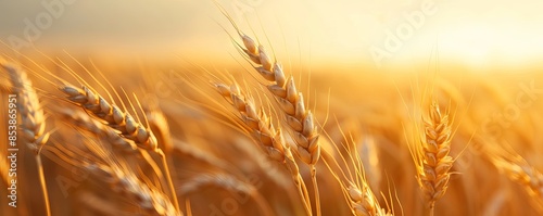 Golden wheat field in the sunshine. Stunning agricultural landscape with ripe wheat ears glowing in the warm evening light.