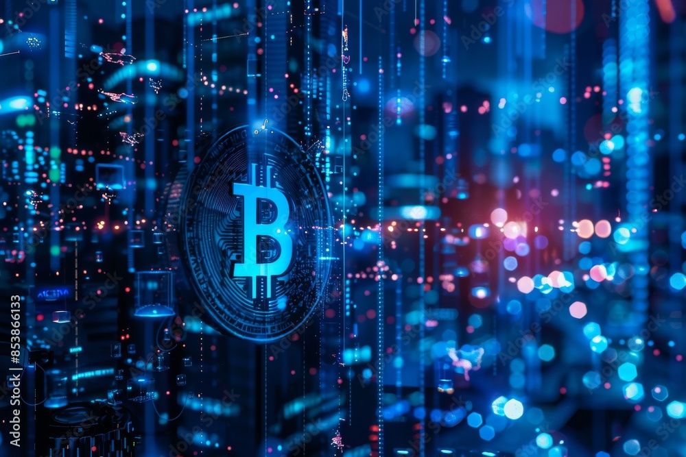 Fototapeta premium background, cryptocurrency, city, flashes of light, welcome, blue colors, 