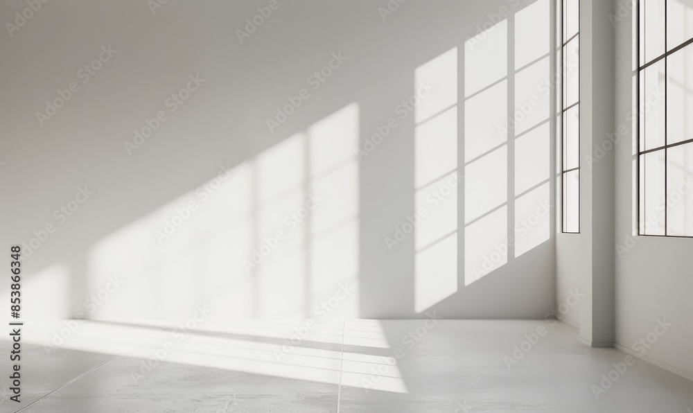 This minimalist abstract light gray background features the light and shadow cast by window curtains on the wall for a product presentation. This minimalist abstract light gray background features the light and shadow cast by window curtains on the wall for a product presentation.