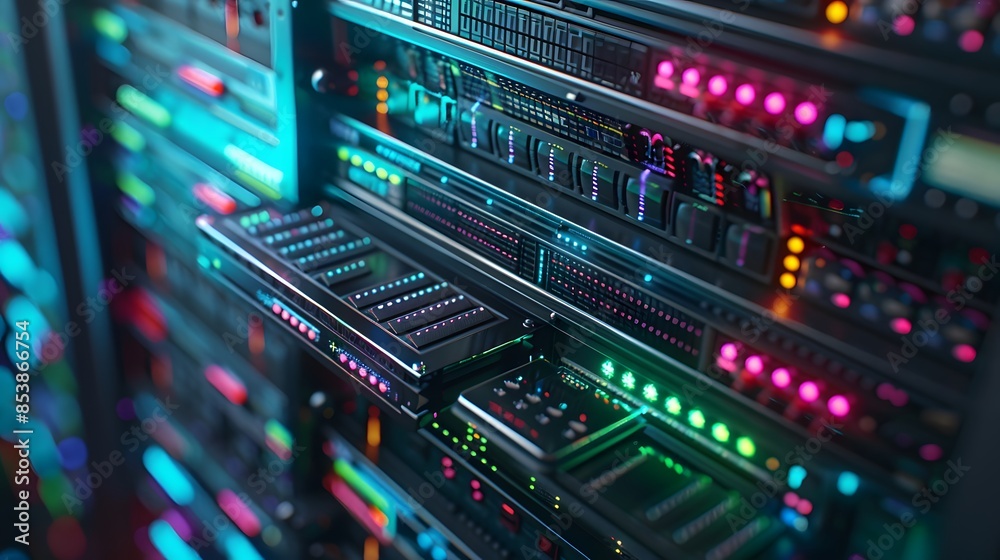 A closeup of an open server rack with colorful, blue and green computer hard degrees in the background.