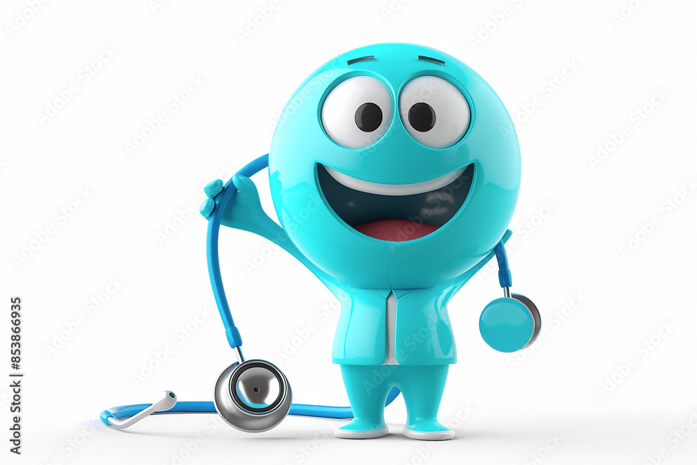 Cheerful 3D insurance character icon holding a stethoscope, on a white background Cheerful 3D insurance character icon holding a stethoscope, on a white background