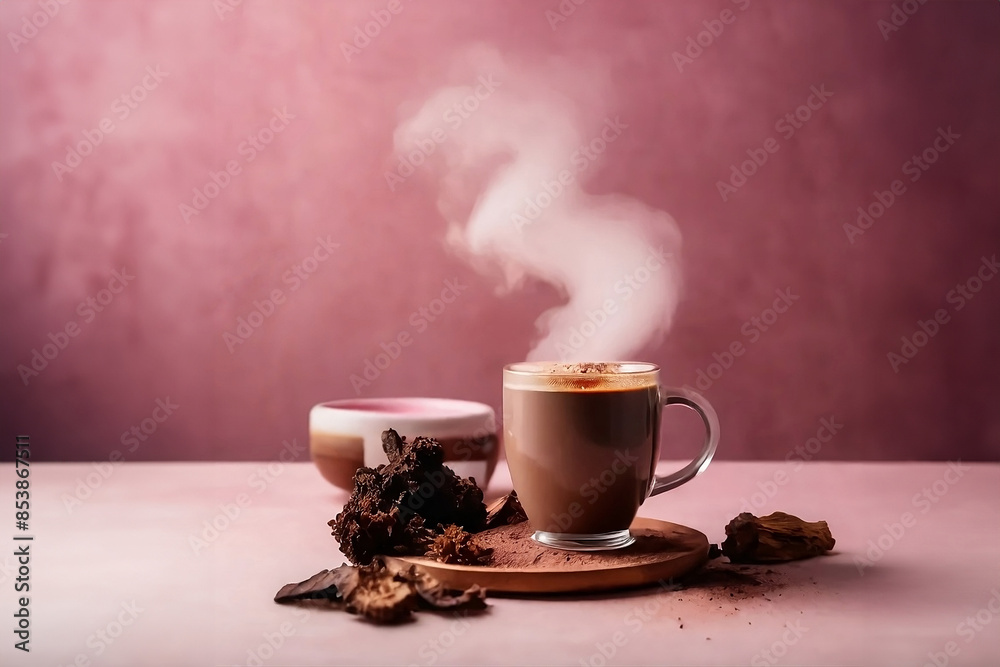 Coffee made from dried chaga and maitake mushroom powder stands on a table against a powdery pink background