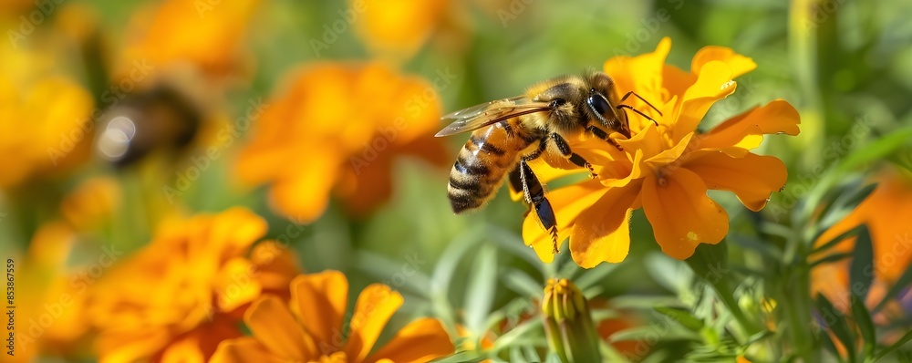 Obraz premium Close up of Vibrant Marigold Flowers with Bees Collecting Nectar