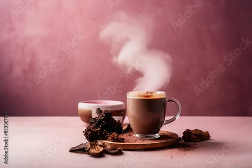 Obraz na płótnie Coffee made from dried chaga and maitake mushroom powder stands on a table against a powdery pink background w salonie
