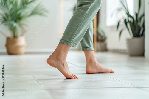 Close up focus on young female feet walking barefoot on clean tile floor at home. Young woman standing on warm floor indoors, underfloor heating concept. Woman's legs in bathroom. Floor heating