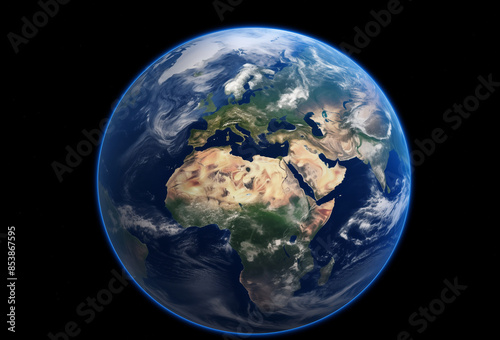 Ideal planet earth with continents and oceans in outer space. Generative AI
