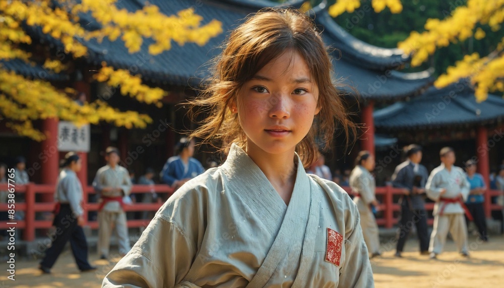Fototapeta premium A young woman in a martial arts uniform stands in front of a group of people in a traditional Japanese temple.