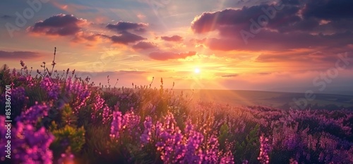 This panoramic landscape shows a beautiful sunset over a field of purple wild grass and flowers. A selective foreground focusing emphasizes the sunset over a field of purple wild grass and flowers. © Mark